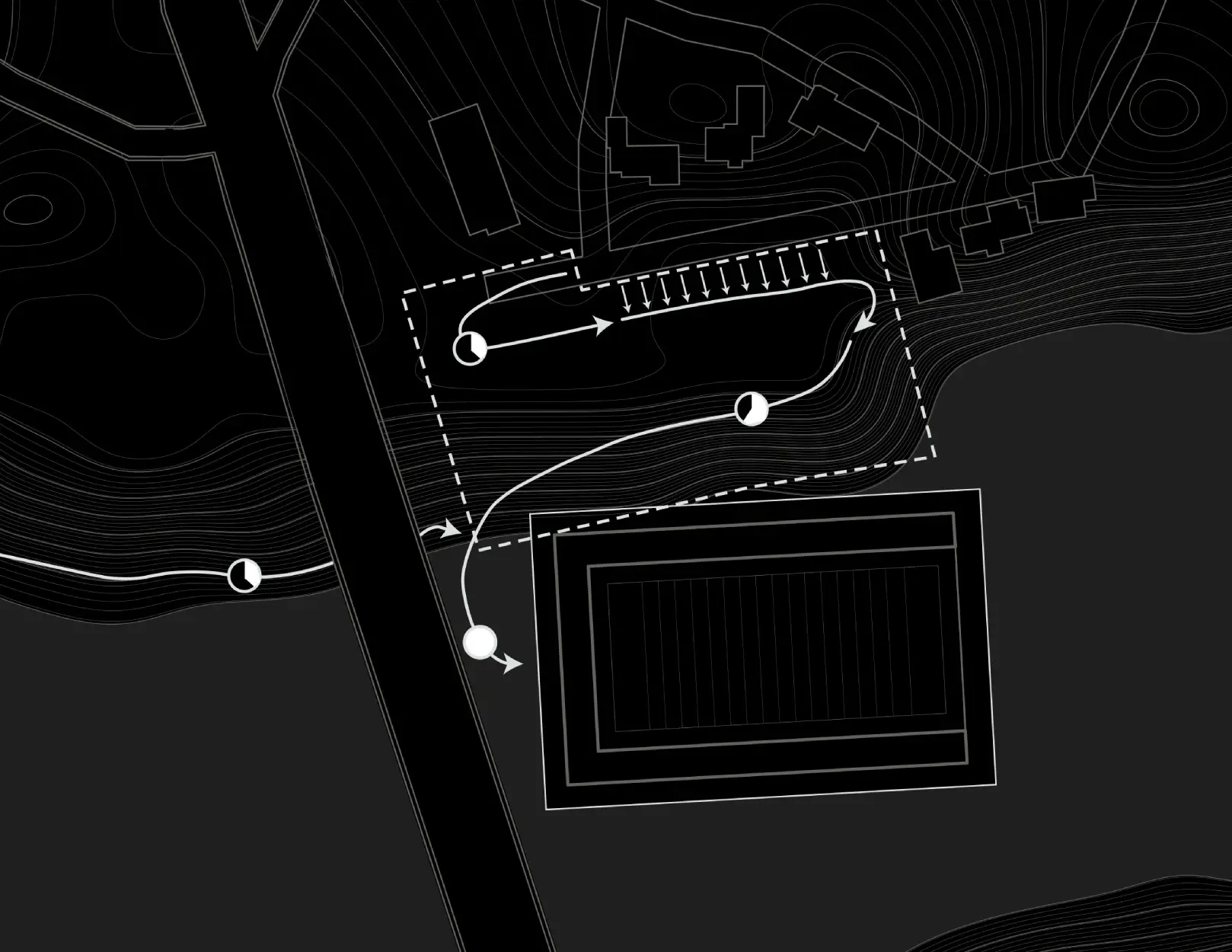 High School Stadium Design; Progression sequence for visitors entering the complex and making their way to the stadium. Jonathan Malott, Austin Texas Architecture